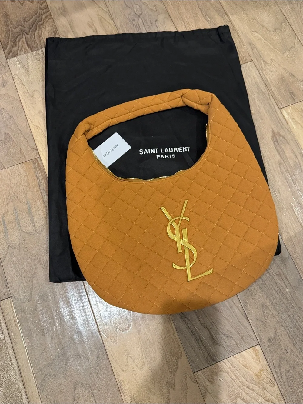 YSL ICARE hobo in quilted suede in Caramel Cognac with Gold YSL